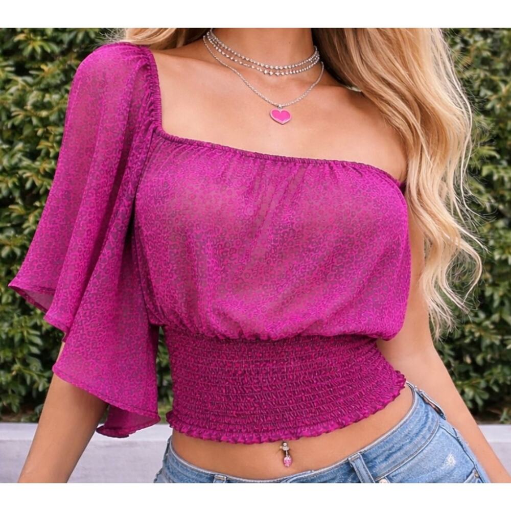 Vintage Y2K Must Have Purple Black Off Shoulder Animal Print Top USA Made Large